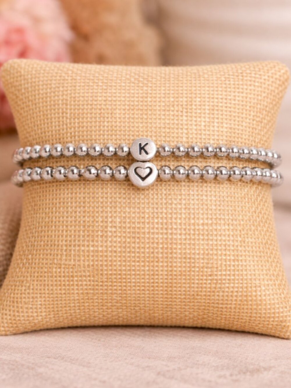 Personalized Initial Bracelet Silver Hematite 4mm Minimalist Unisex Jewelry